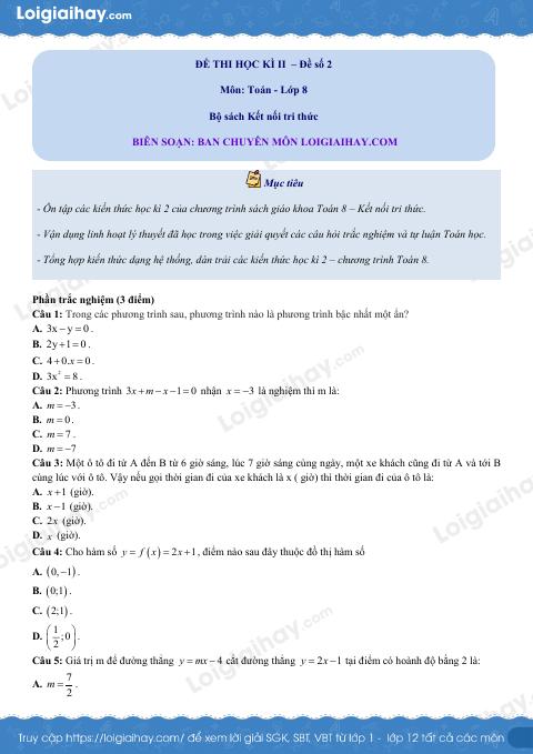 Đề thi học kì 2 Toán 8 - Đề số 2 - Kết nối tri thức